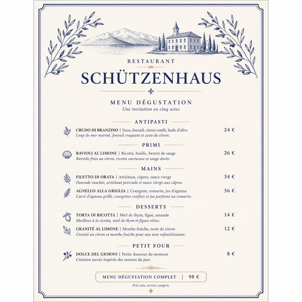 A4-Menükarte im Hochformat für restaurant schützenhaus, blau-cremefarben, mit dekorativem Header, Platzhaltertext und Preisspalte.