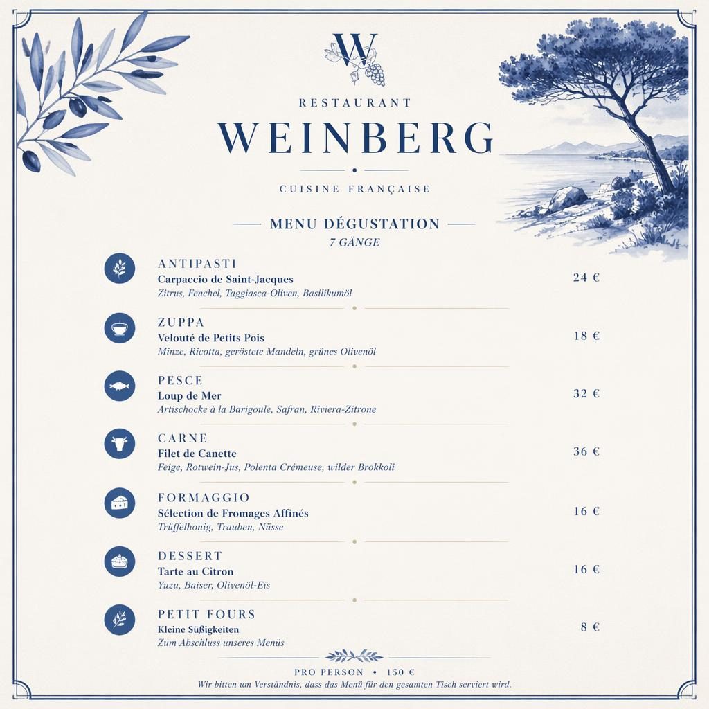 A4-Menükarte für Restaurant Weinberg im Kaiseki-Stil, Blau-Creme, mit dekorativem Kopf, Rubriken, Gerichten und Preisen