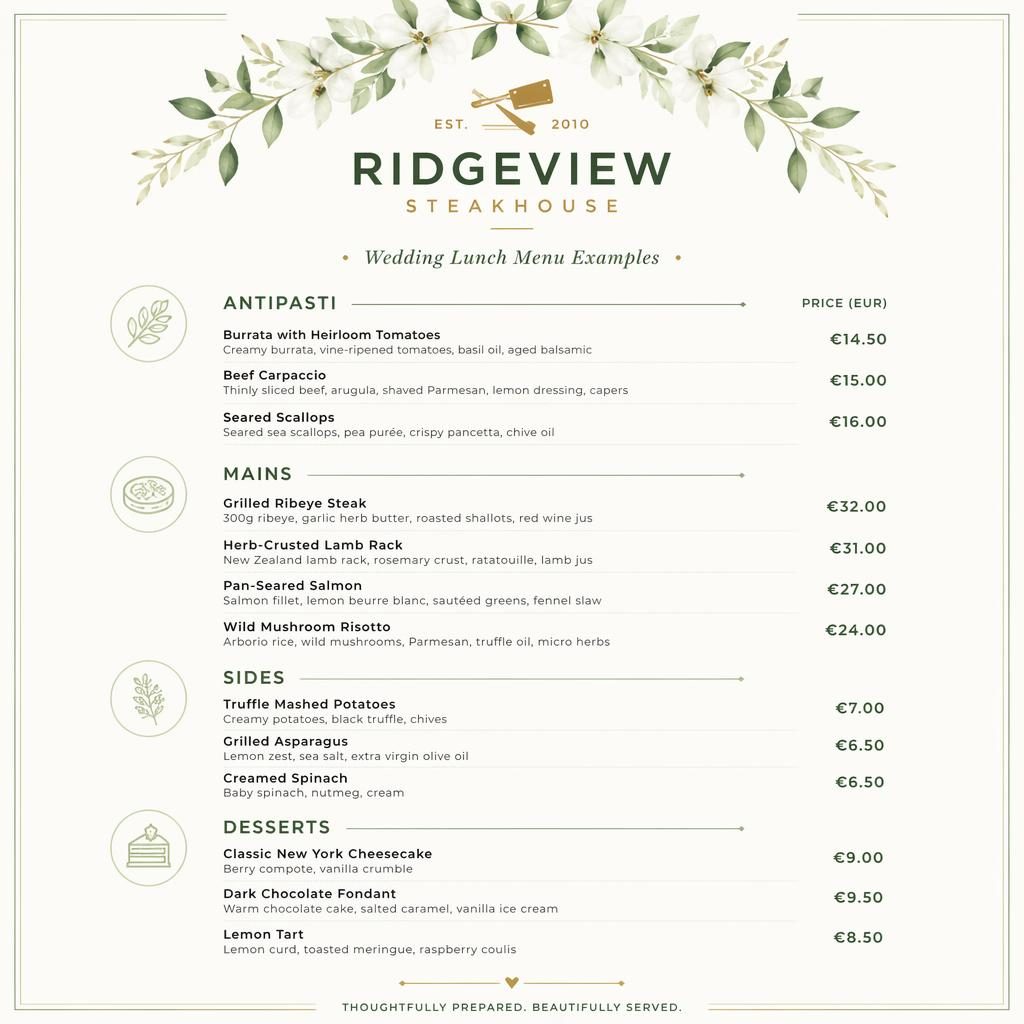 A4 portrait steakhouse lunch menu card with minimalist Swiss layout, spring palette, section headings, dish placeholders, and prices.