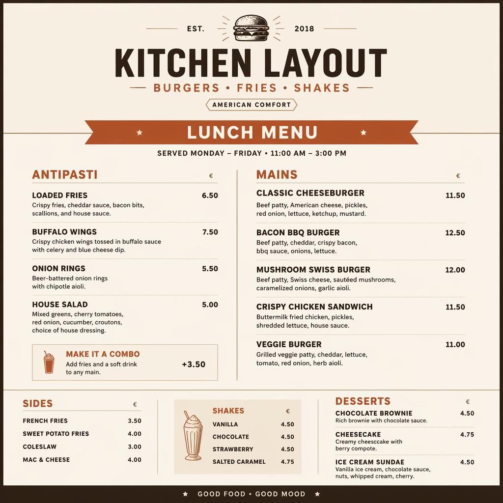 A4 portrait lunch menu card for a burger restaurant kitchen layout in minimalist Swiss style with warm earth tones.