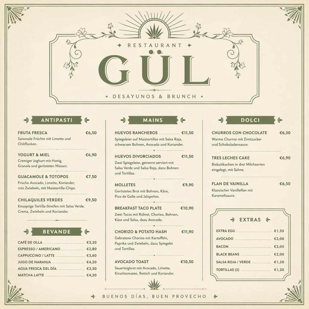 A4-Menükarte für Restaurant gül im 1920er-Stil in Salbei und Elfenbein mit Header, Rubriken, Platzhaltertext und Preisen