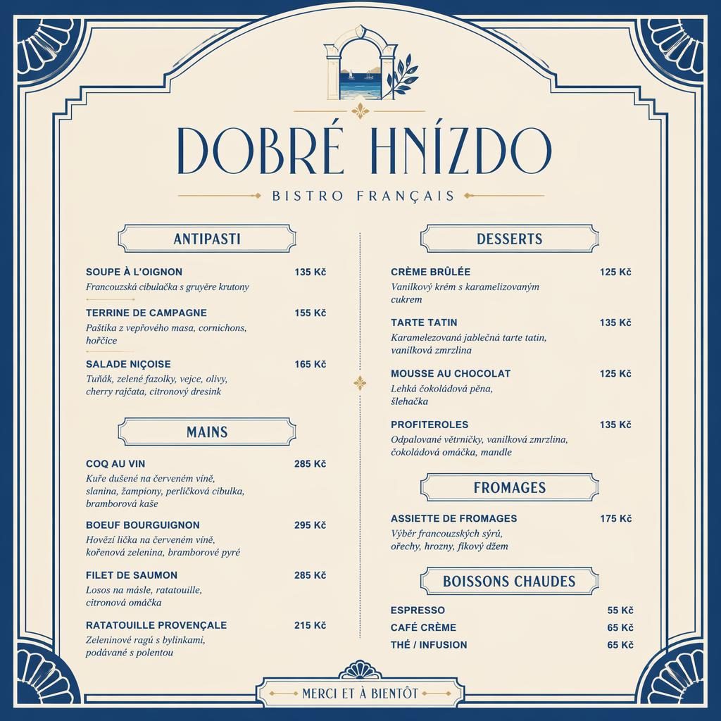 A4 dezertní menu pro dobré hnízdo v art deco stylu, modro-krémová paleta, dekorativní záhlaví a sloupec cen.