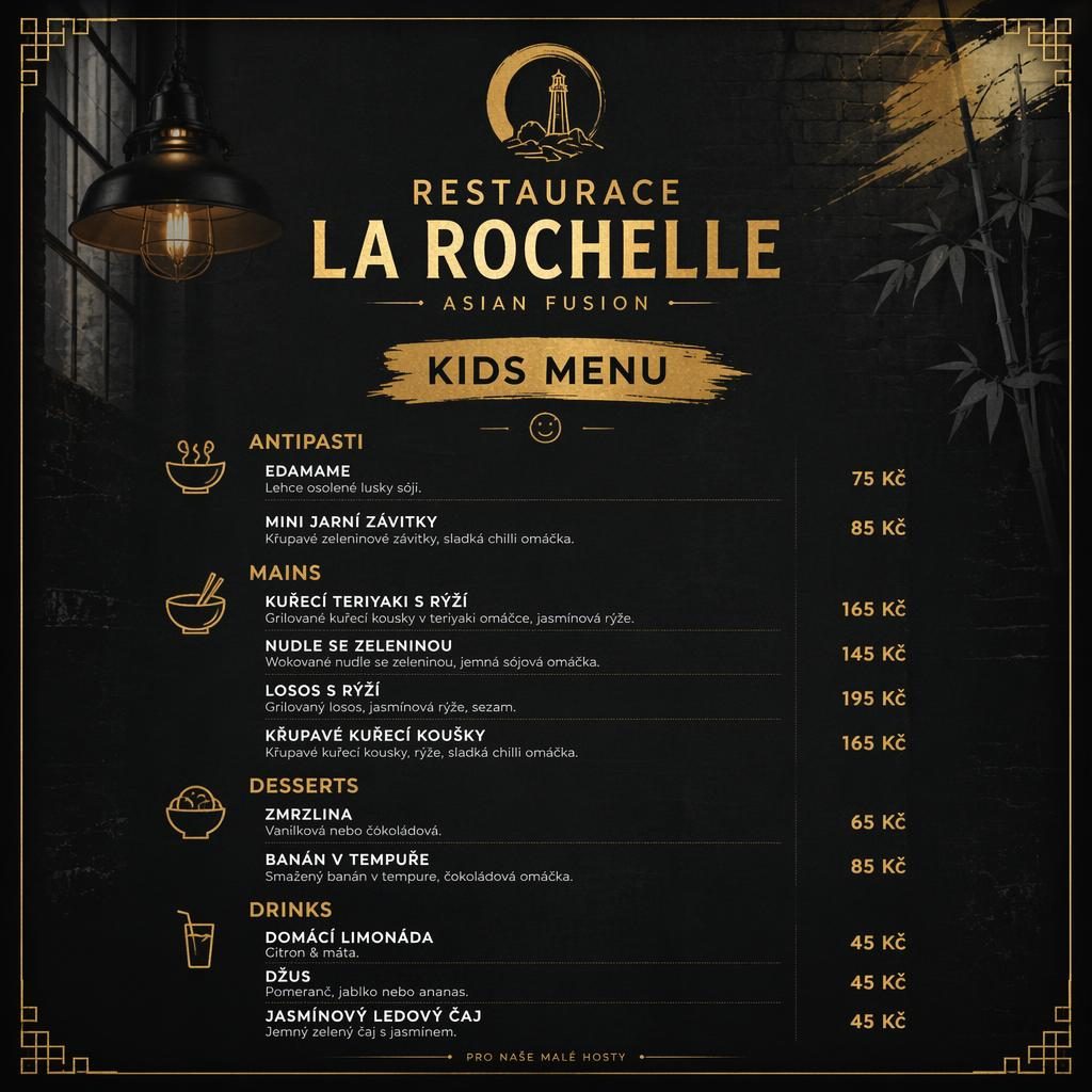 A4 dětské menu pro restaurace la rochelle v černo-zlatém industriálním loft stylu s dekorativní hlavičkou a cenami.