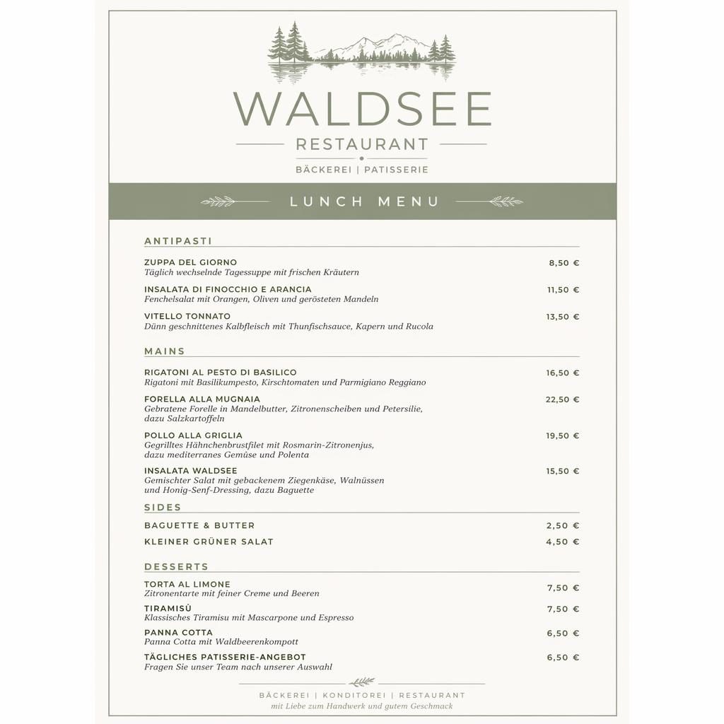 A4-Menükarte im minimalistischen Swiss-Design in Salbei und Elfenbein für waldsee restaurant mit Preisspalte