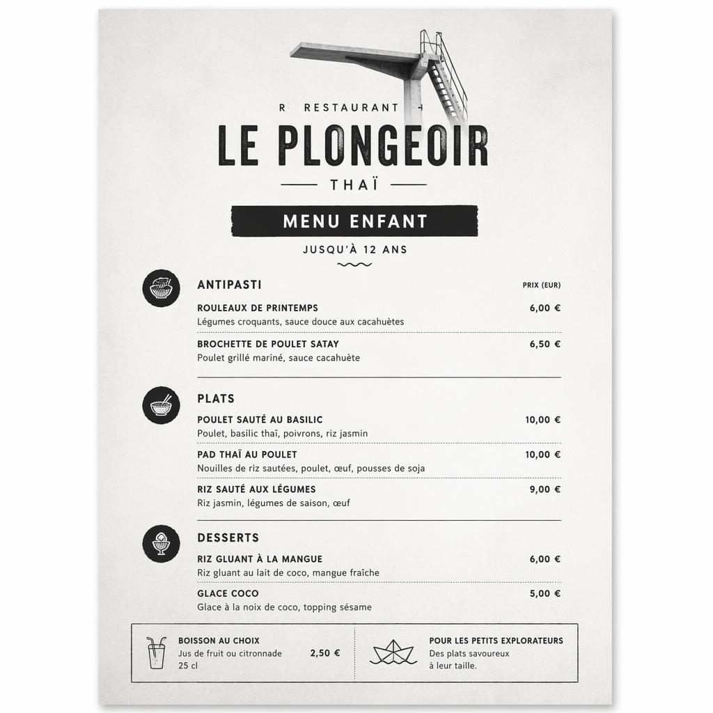 Carte de menu enfant thaï A4 en portrait, style loft industriel monochrome, avec en-tête décoratif et colonne de prix.
