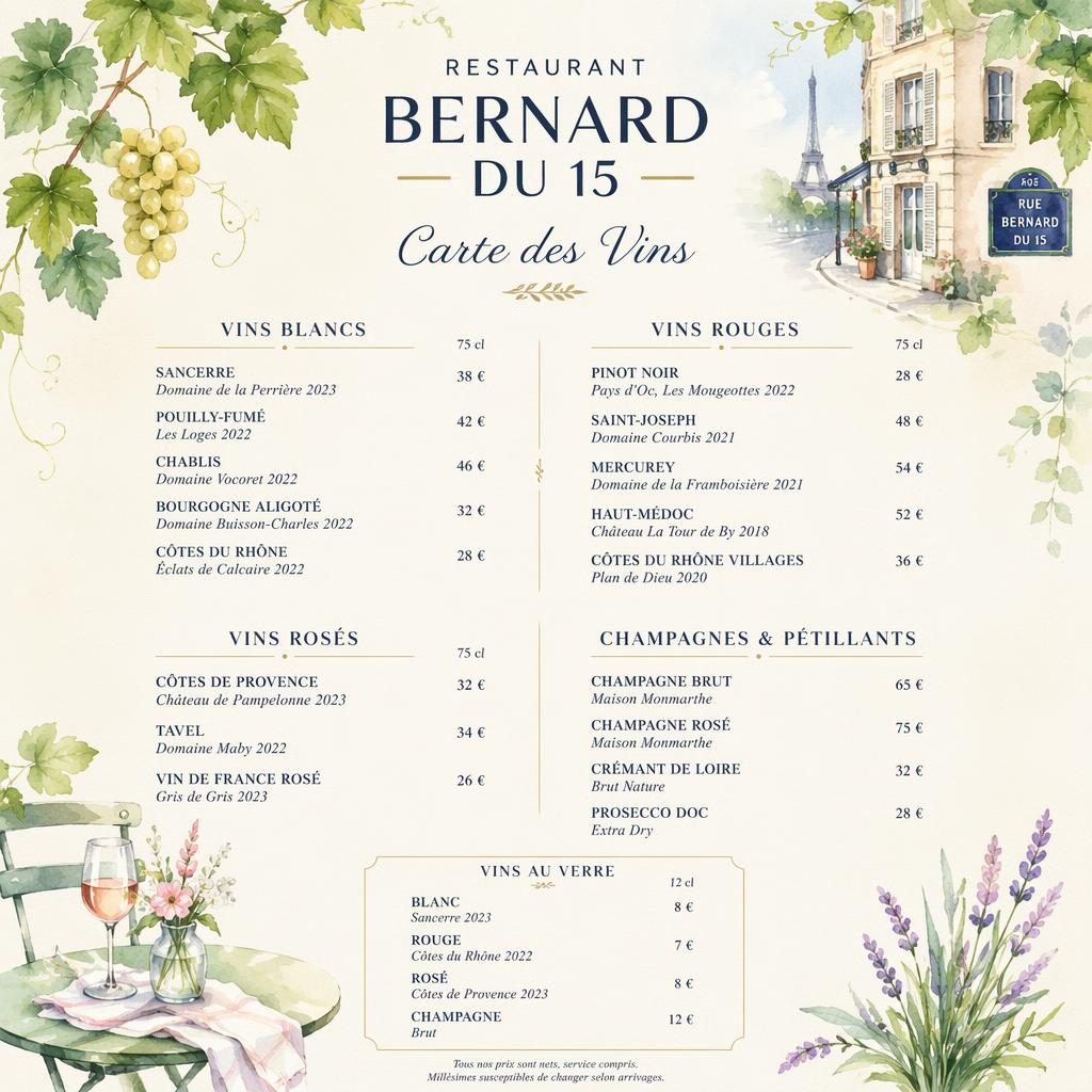 Carte des vins A4 portrait en style aquarelle, palette printanière, en-tête décoratif, rubriques, plats fictifs et colonne de prix.
