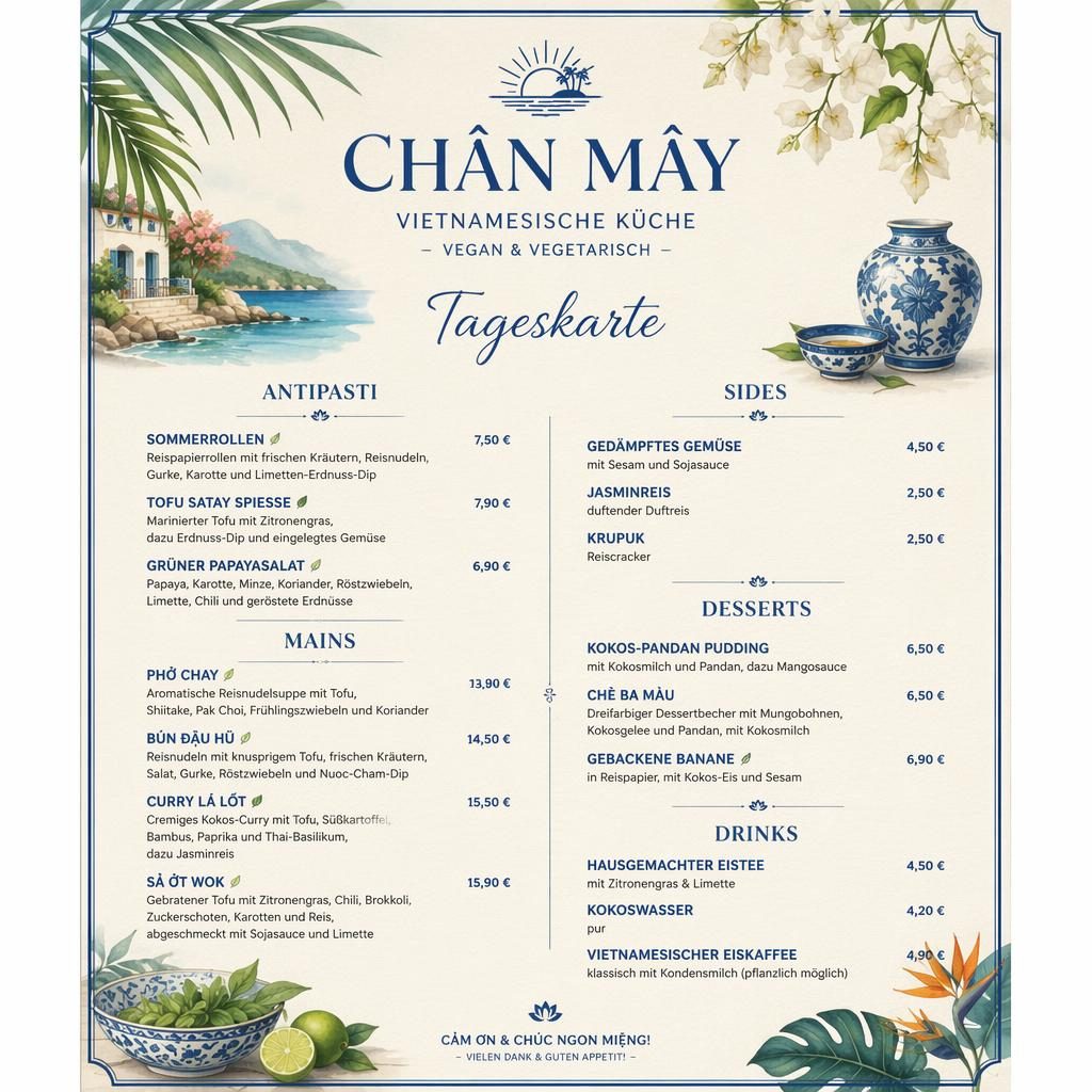 A4-Menükarte im Hochformat für ein vietnamesische restaurant, Blau-Creme, tropischer Resort-Stil mit Preisen