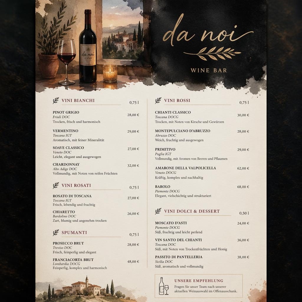 A4-Menükarte im Hochformat für restaurant da noi, Weinkarte in cozy Aquarelloptik mit dunkler, stimmungsvoller Farbpalette.