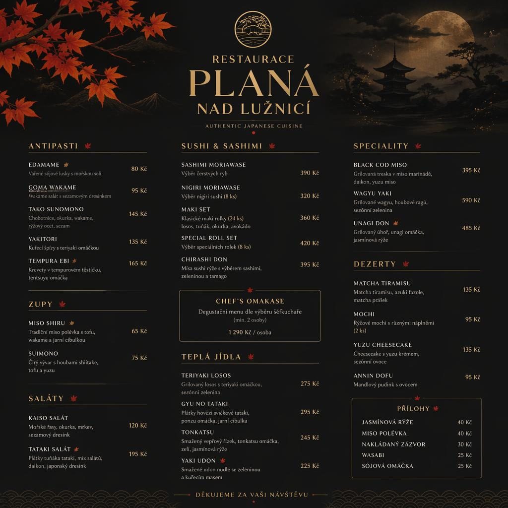 Luxusní A4 menu karta pro sushi restauraci v podzimní paletě, s dekorativní hlavičkou, sekcemi, popisy jídel a cenami.