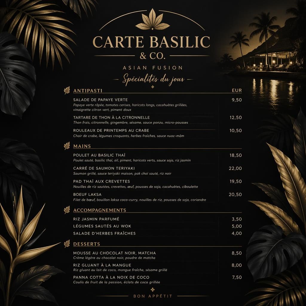Carte de menu A4 en portrait, palette noir et or, style resort tropical, en-tête décoratif, rubriques et prix.