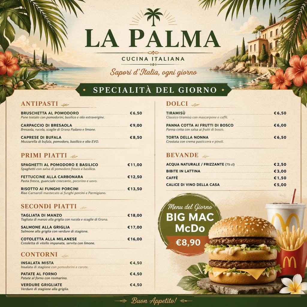 Carte de menu A4 verticale style resort tropical, tons terre chauds, rubriques italiennes, plats, descriptions et colonne de prix.