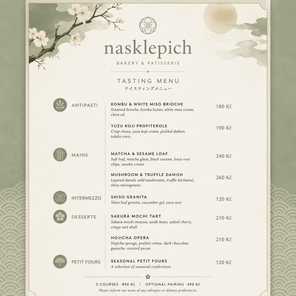 A4 menu karta pro nasklepich na výšku, japonský kaiseki styl, šalvějová a slonovinová paleta, dekorativní záhlaví a ceny.