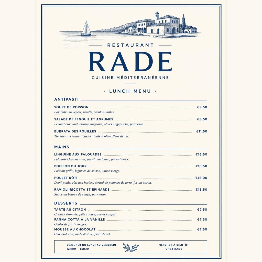 A4-Menükarte für restaurant rade im Hochformat, minimalistisch in Blau und Creme mit Rubriken, Platzhaltertext und Preisen