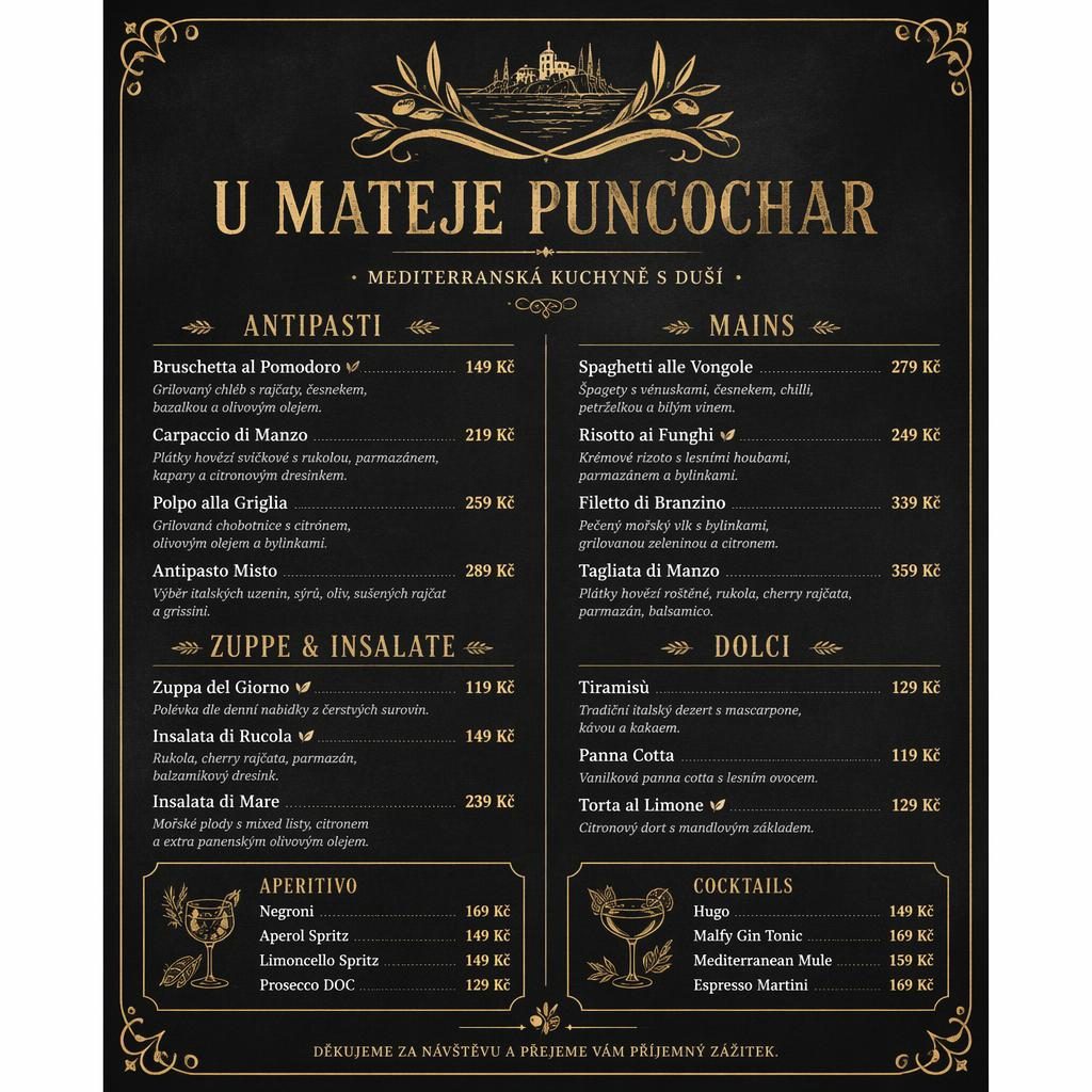 A4 koktejlový lístek pro u mateje puncochar, černá tabule se zlatými prvky, dekorativní hlavička a ceny.