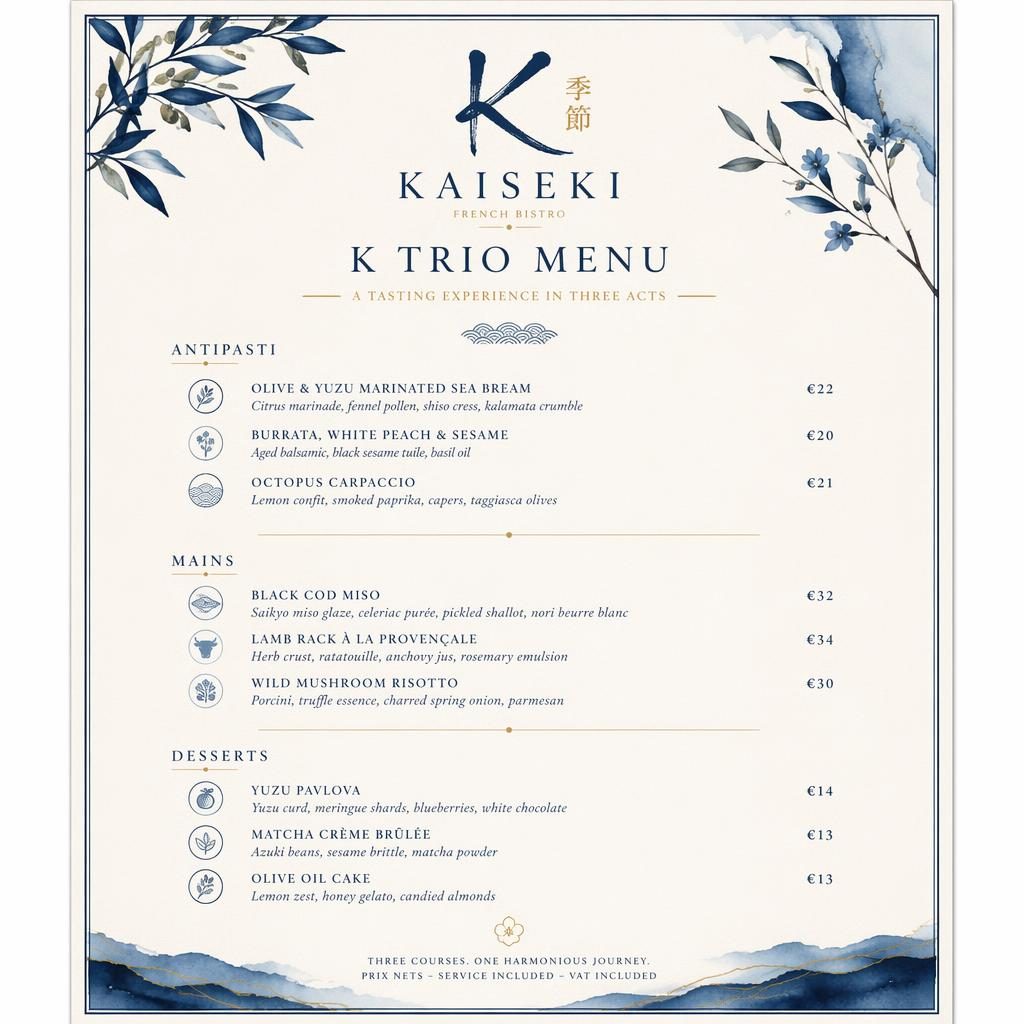 Tisková menu karta A4 na výšku pro k trio menu, modro-krémový design, dekorativní hlavička, ceny a sekce jídel.