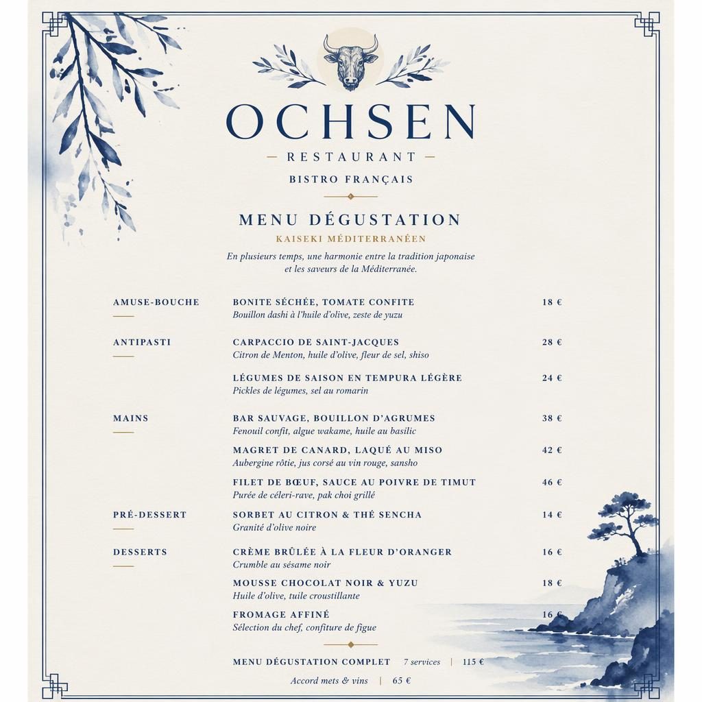A4-Menükarte für ochsen restaurant im französischen Bistro-Stil, blau-cremefarben, mit Platzhaltertext und Preisspalte.