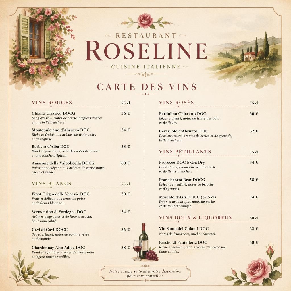 Carte des vins A4 en portrait pour restaurant roseline, style aquarelle chaleureux, palette terre, en-tête décoratif et prix.