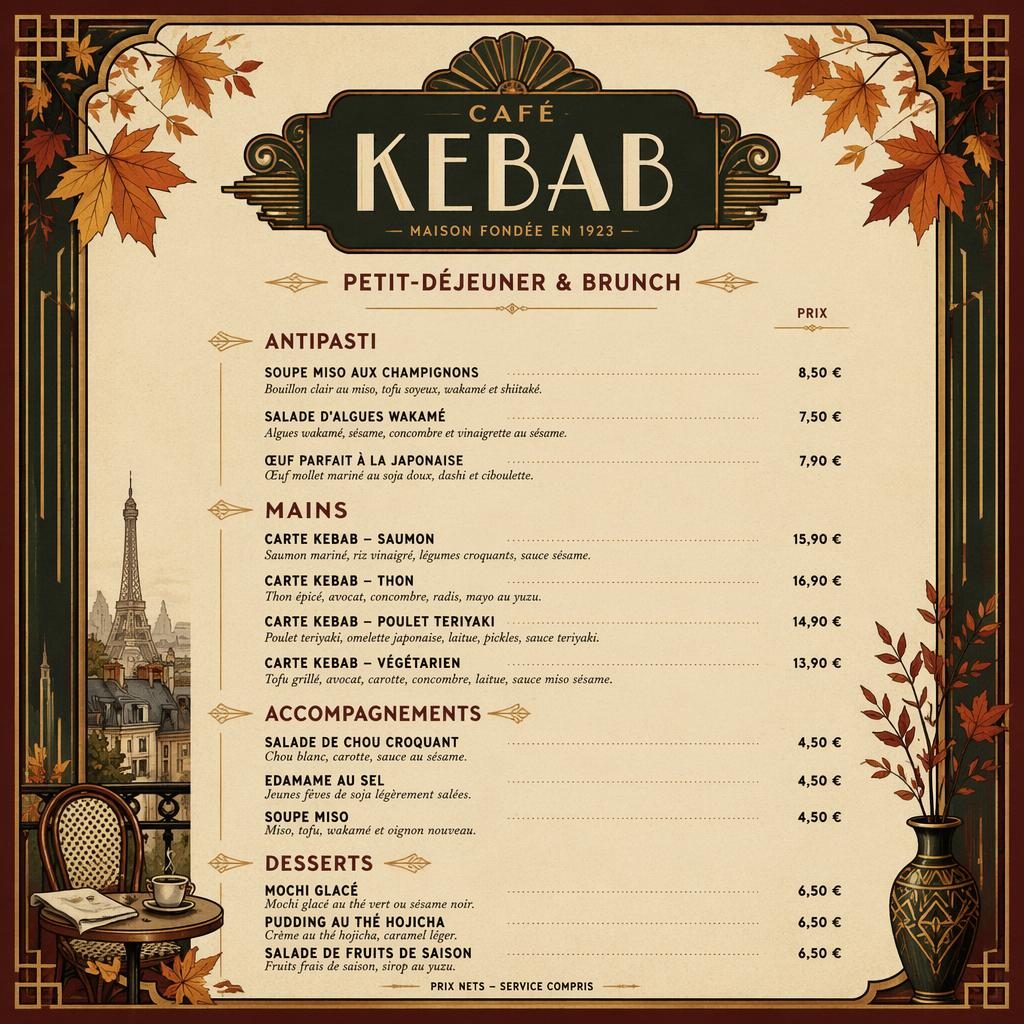 Carte kebab style années 1920 en format A4 portrait, palette automnale, en-tête décoratif, sections menu et colonne de prix.