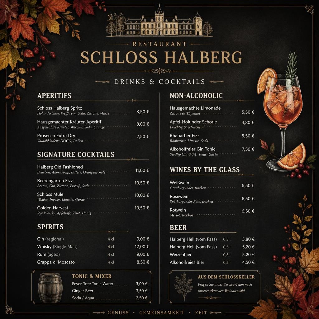 A4-Getränkekarte im Tafelstil für restaurant schloss halberg mit Herbstfarben, Zierkopf, Cocktail-Liste und Preisspalte.