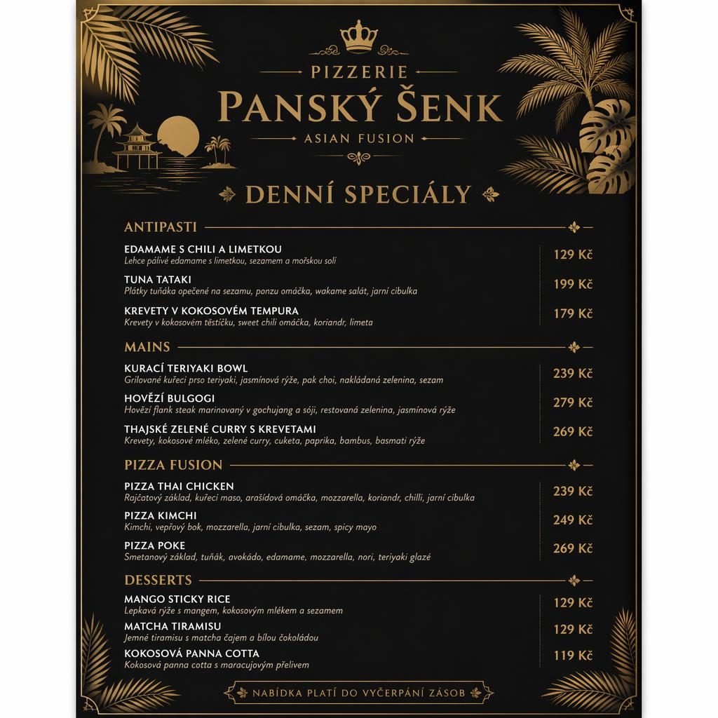 A4 jídelní lístek pizzerie panský šenk v černo-zlatém tropickém stylu s kategoriemi, popisy jídel a cenami.