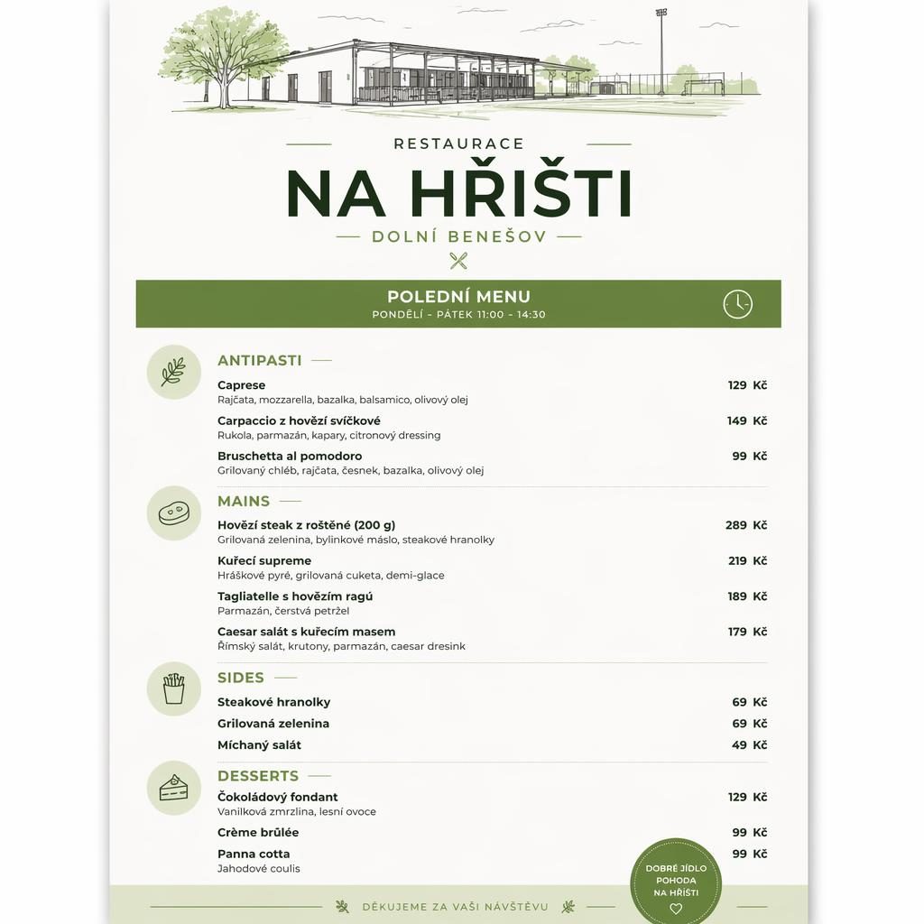 Minimalistický A4 jídelní lístek steakhouse na výšku, jarní paleta, dekorativní záhlaví, sekce a sloupec cen.