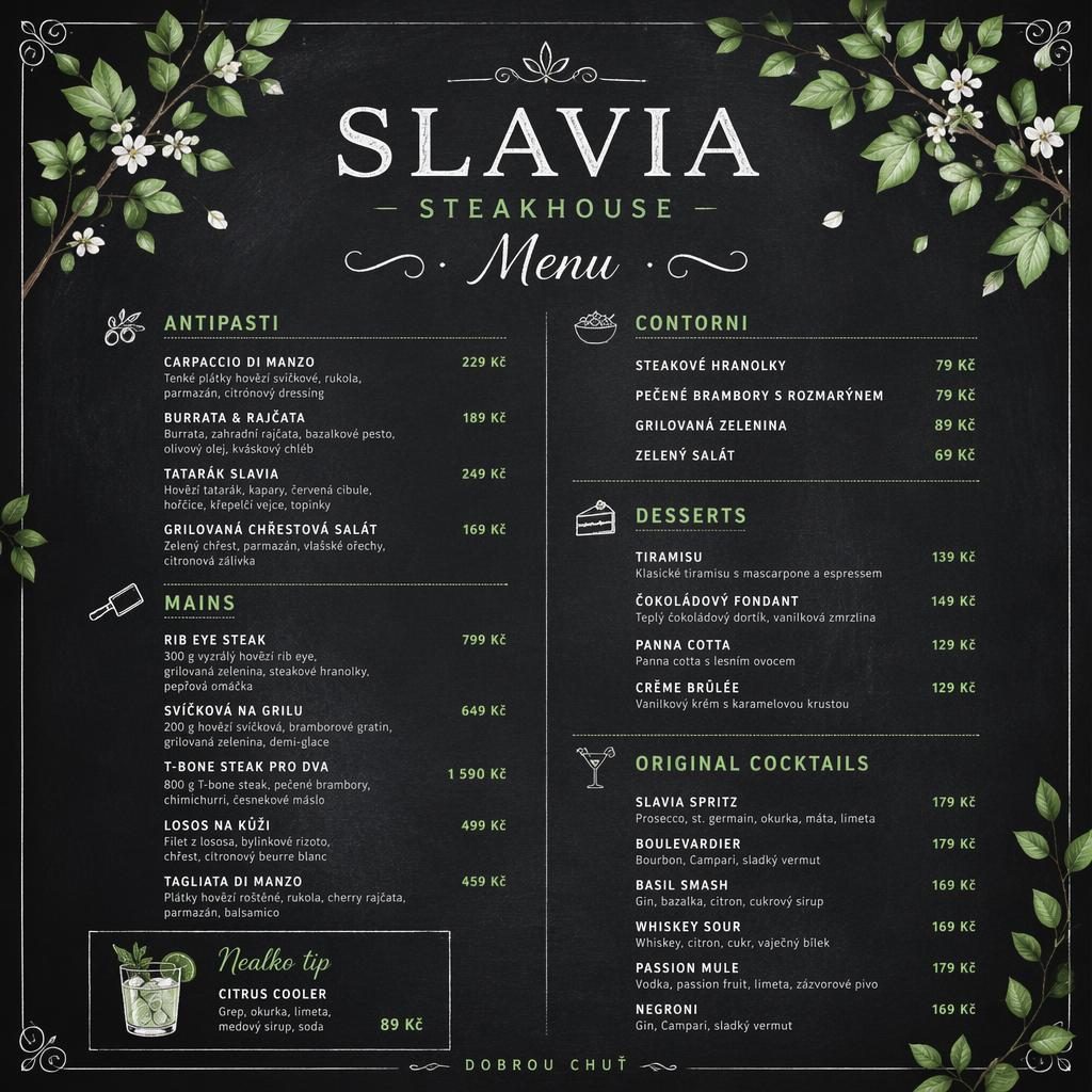 A4 koktejlový lístek Slavia v křídovém cafe stylu, jarní paleta, dekorativní záhlaví, názvy nápojů a ceny.