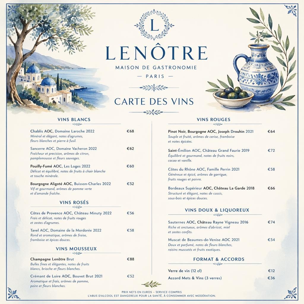Carte des vins A4 en portrait, style aquarelle bleu méditerranéen et crème, avec en-tête décoratif et colonnes de prix.