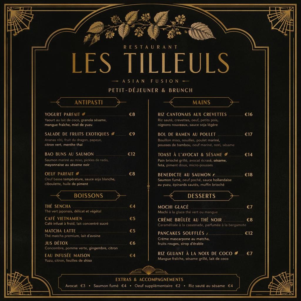 Carte de menu A4 portrait noir et or, style années 1920, avec en-tête décoratif, rubriques, plats et colonne de prix.