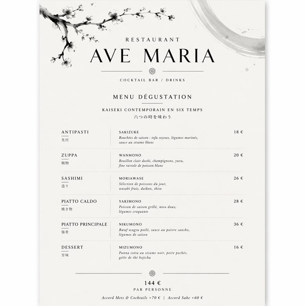 Carte de menu dégustation A4 en portrait pour restaurant ave maria, style kaiseki japonais monochrome avec colonnes de prix.