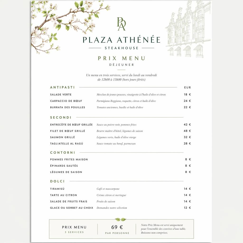 Carte de menu déjeuner steakhouse en format A4 portrait, style suisse minimaliste, palette printanière, en-tête décoratif et colonne de prix.