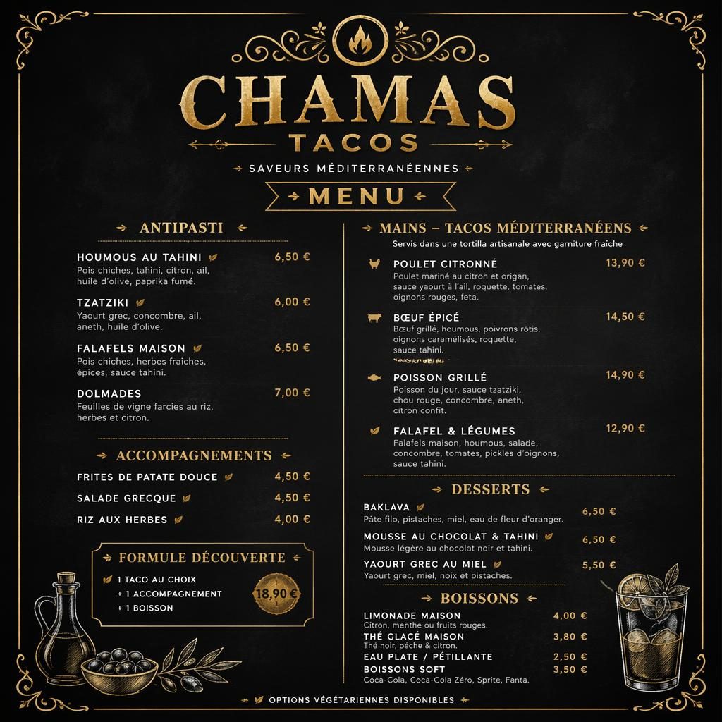 Carte de boissons A4 en portrait, style ardoise noir et or, avec en-tête décoratif, noms de cocktails fictifs et colonne de prix.