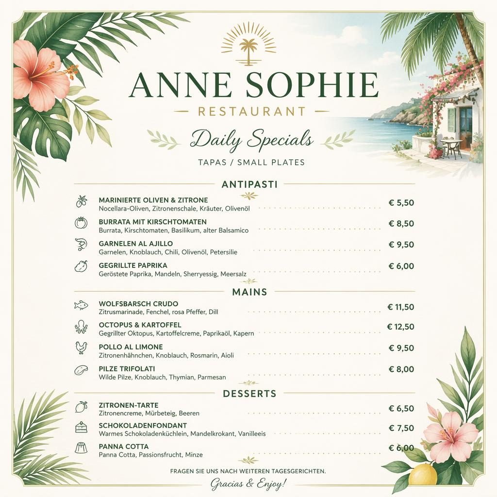 A4-Menükarte im Hochformat für anne sophie restaurant, tropisches Resort-Design mit Tagesgerichten, Rubriken und Preisspalte.