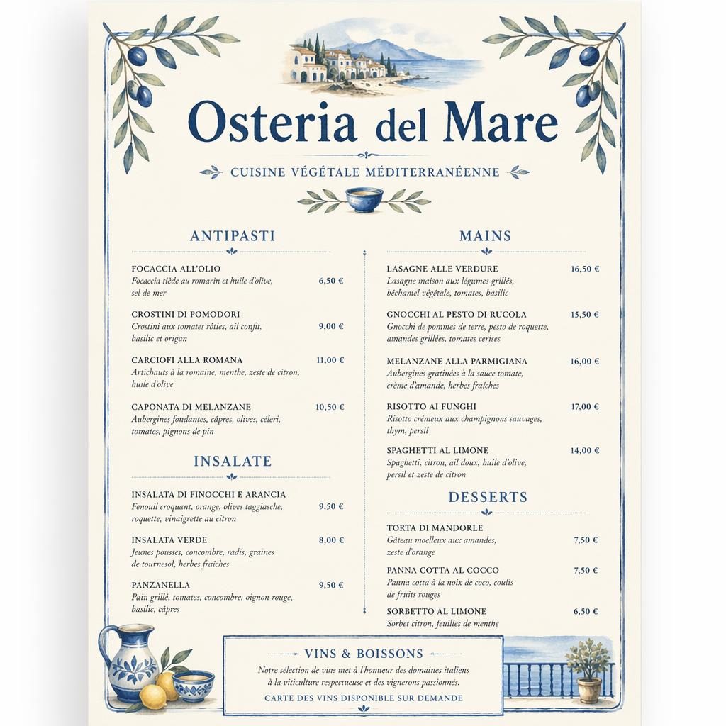 Carte des vins d’osteria en format A4 portrait, style aquarelle bleu méditerranéen et crème, avec en-tête décoratif.