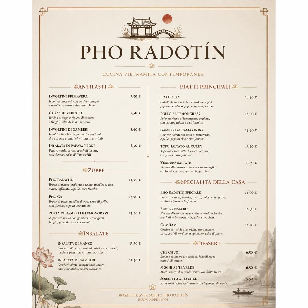 A4 menu karta pro pho radotín v italském stylu, luxusní fine dining layout v teplé zemitě barevné paletě.