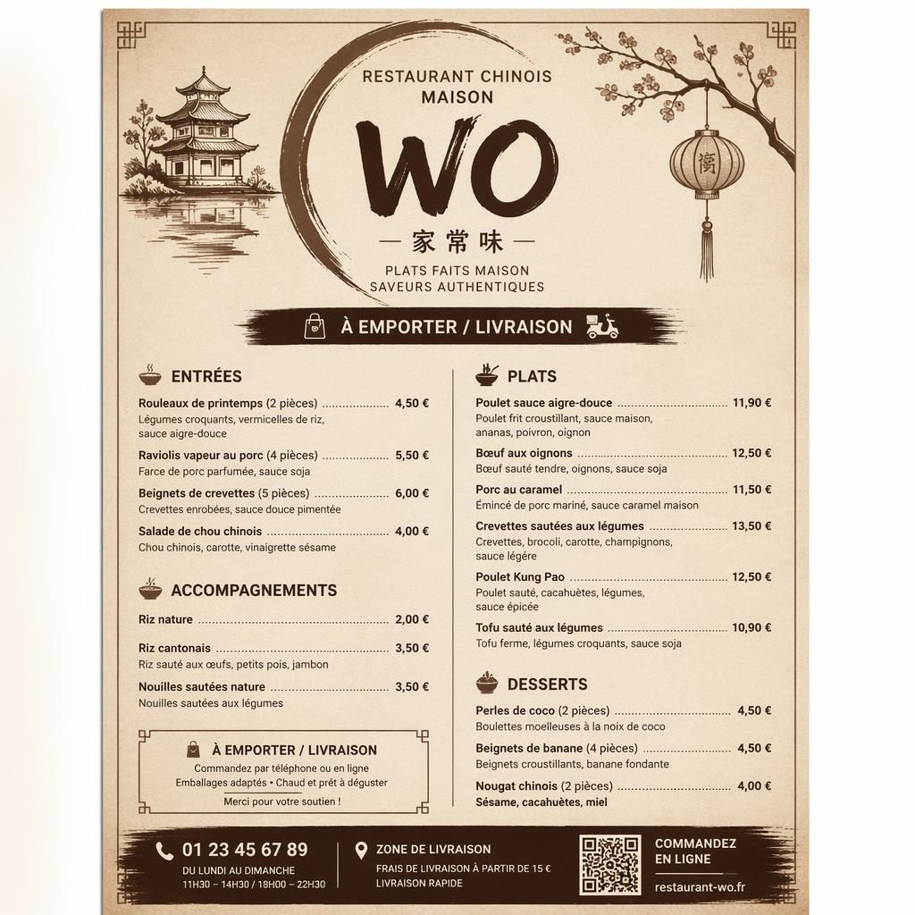 Carte de menu A4 portrait pour restaurant chinois, style rustique chaud monochrome, avec en-tête décoratif et colonne de prix.
