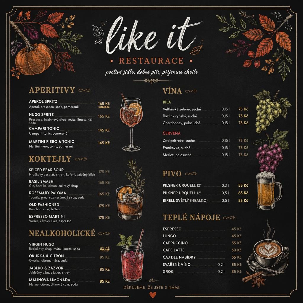 A4 koktejlový menu lístek pro like it restaurace v křídovém café stylu s podzimní paletou, cenami a dekorativní hlavičkou.