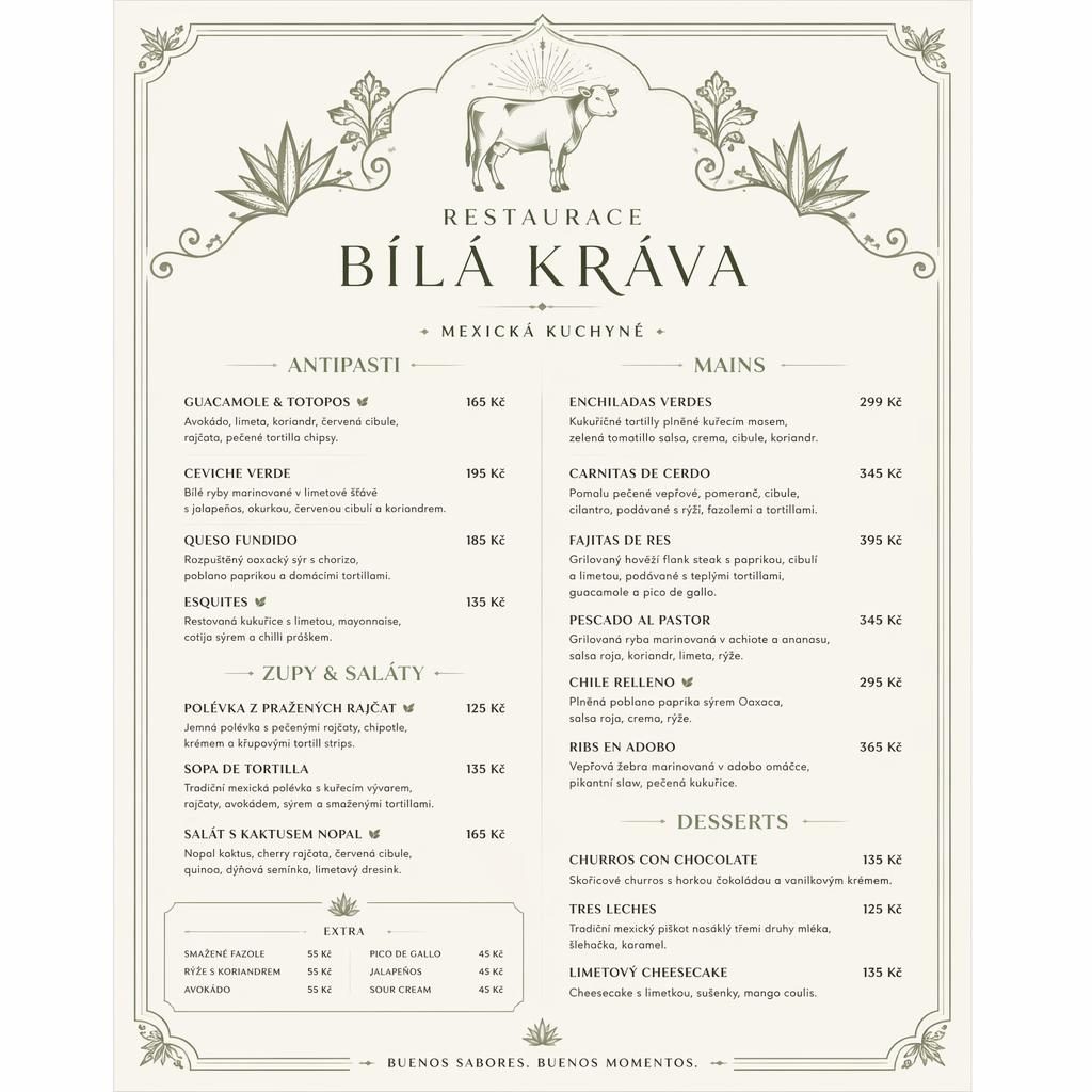 Luxusní menu karta A4 pro restaurace bílá kráva v odstínech šalvějové a slonovinové s názvy sekcí, jídel a cenami.