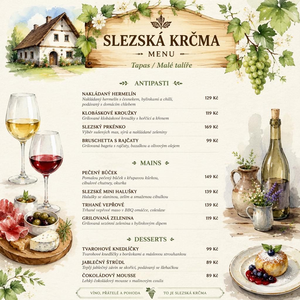 A4 vinný lístek pro slezskou krčmu v akvarelovém stylu, jarní paleta, dekorativní záhlaví, ceny a sekce.