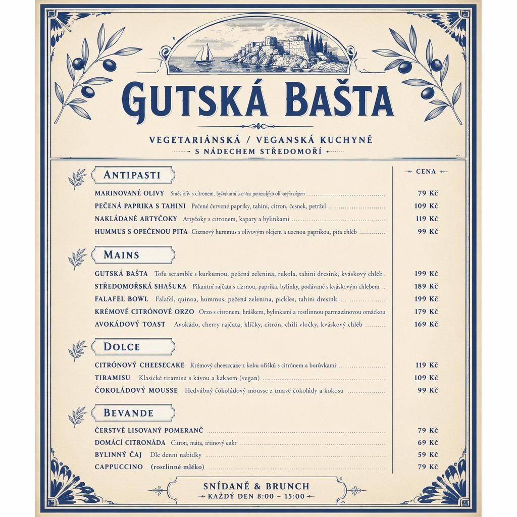 Vintage menu karta A4 na výšku pro gutská bašta v modro-krémové paletě s dekorativní hlavičkou a cenami
