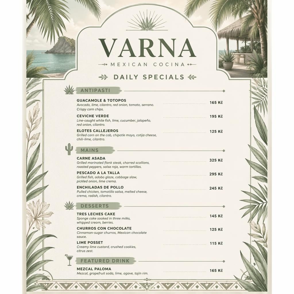 Menu karta A4 na výšku pro varna menu, mexická denní nabídka v tropickém resort stylu, šalvějová a slonovinová.