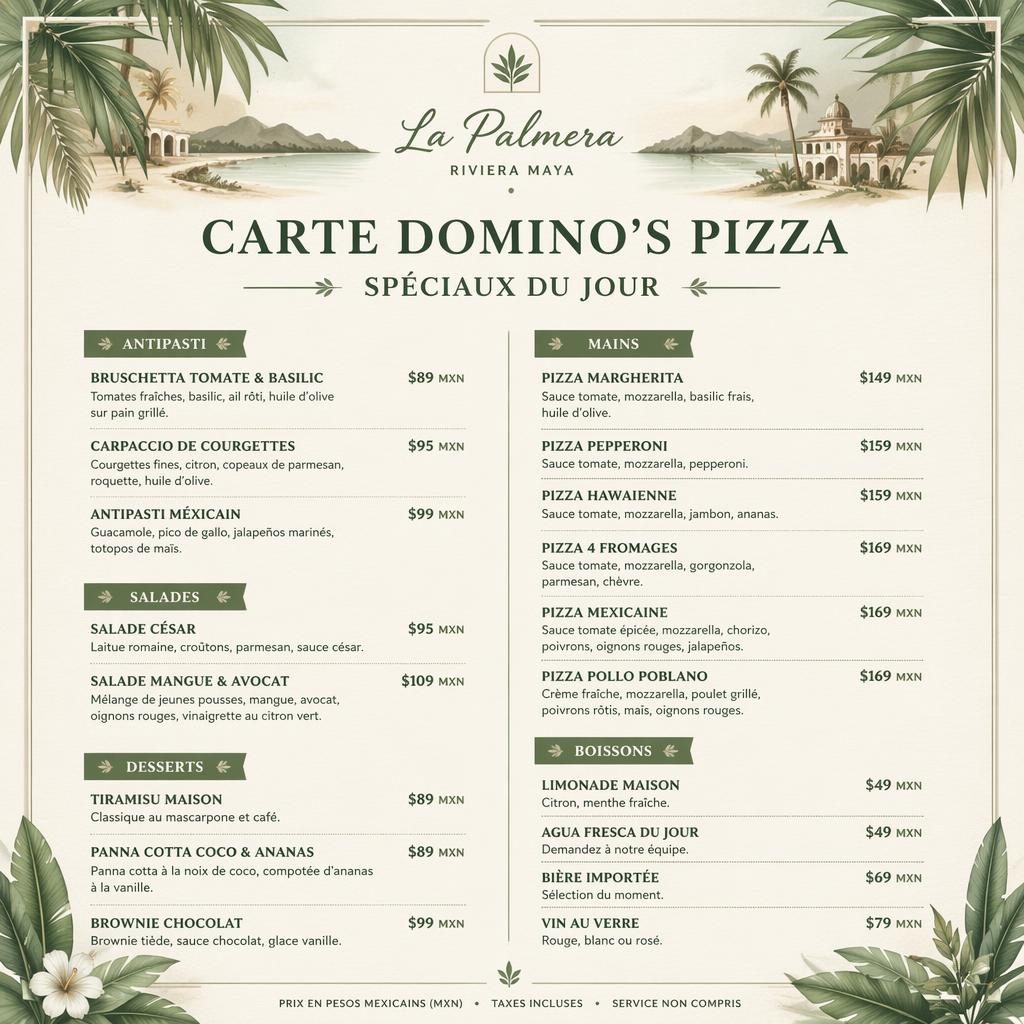 Carte de menu A4 portrait pour domino's pizza, style resort tropical sauge et ivoire, rubriques, plats, descriptions et prix.