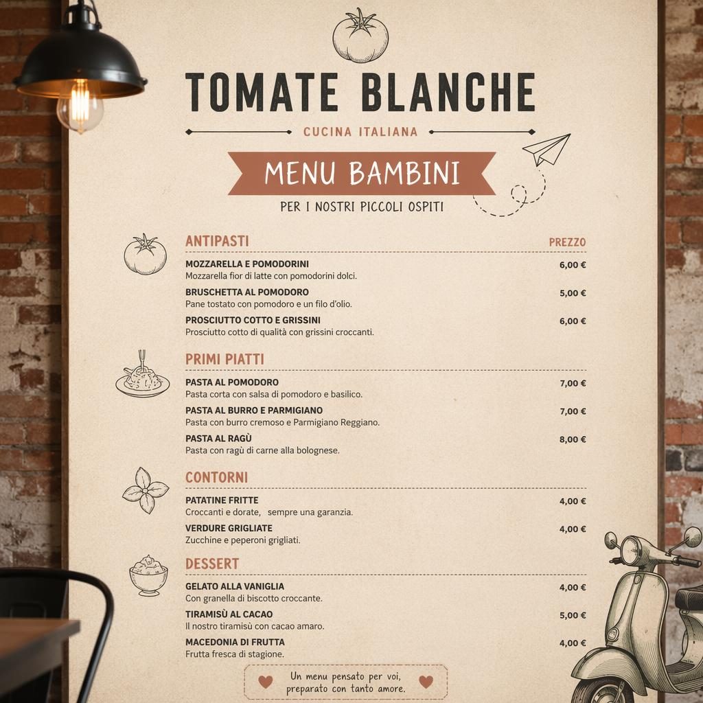 Carte de menu enfant italienne A4 portrait, style loft industriel, palette terre chaude, rubriques et colonne de prix.