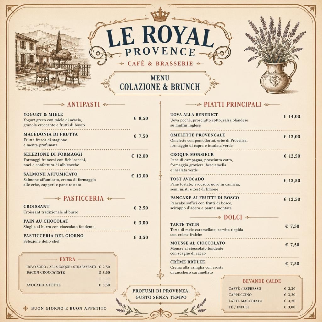 Carte de menu brunch italien A4 en portrait, style vintage années 1920, palette terre chaude, en-tête décoratif et colonne de prix.