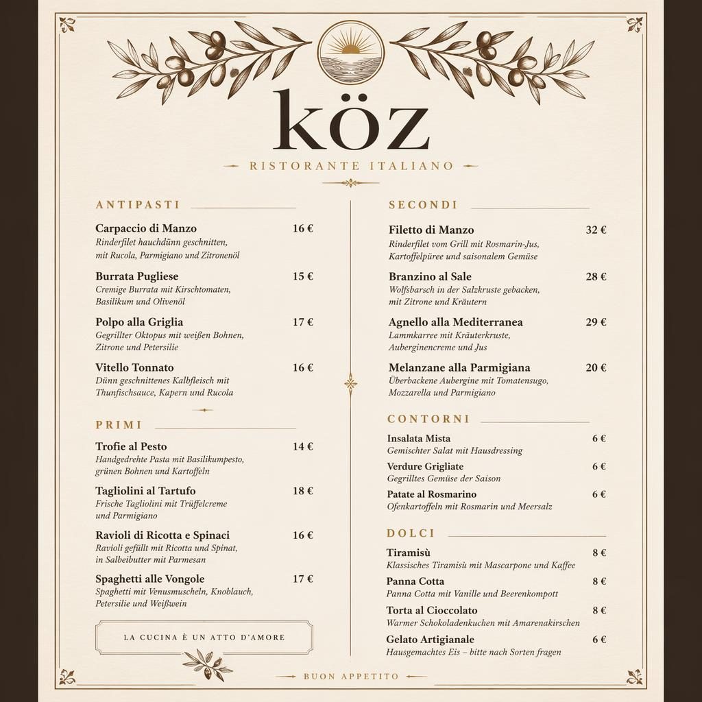 A4-Menükarte im Hochformat für köz restaurant, italienisches Dinner-Menü mit warmer Erdpalette, Sektionen, Preisen und Zierkopf