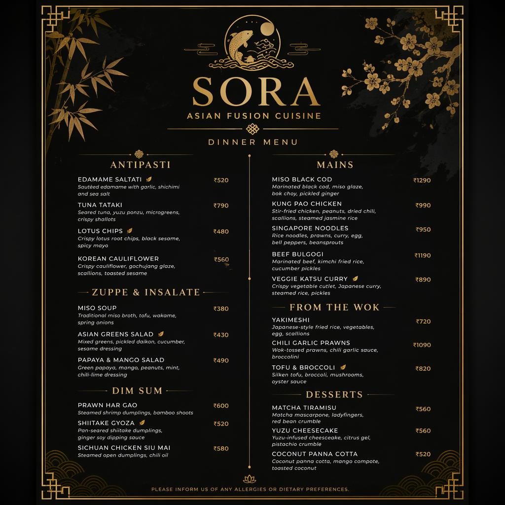 A4 portrait luxury dinner menu card for an Asian fusion restaurant in black and gold with decorative header, sections, dishes, and prices.