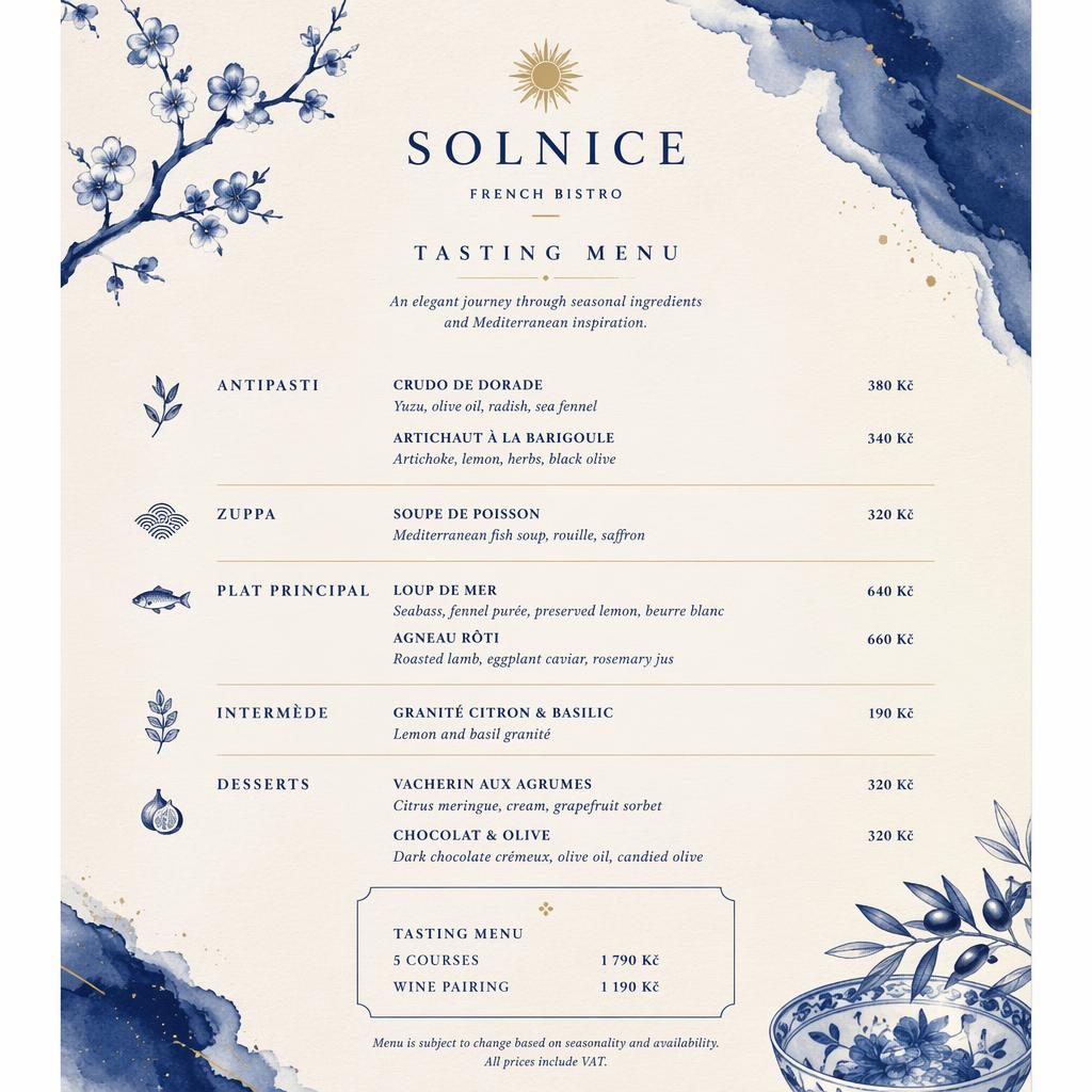 A4 menu karta na výšku pro solnice menu, degustační nabídka, modro-krémová paleta, dekorativní záhlaví a sloupec cen.