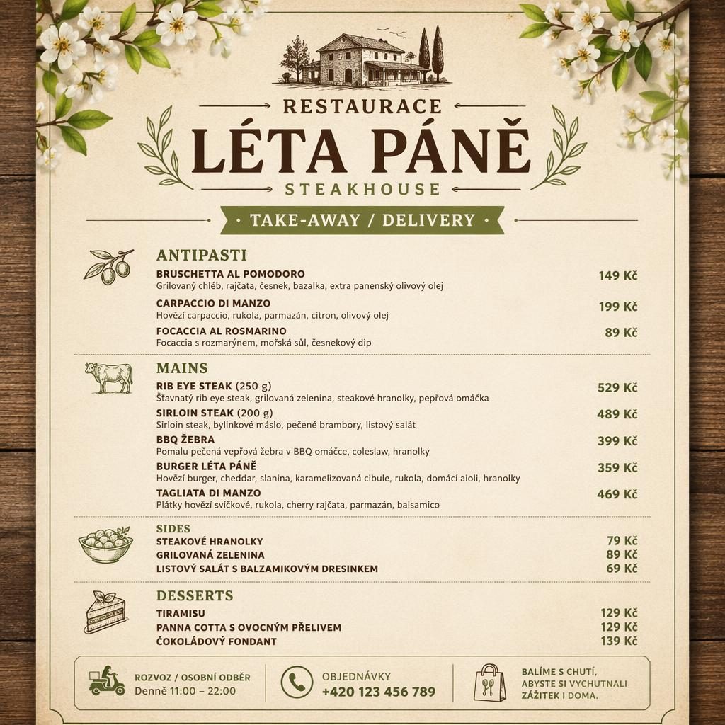 A4 menu karta steakhousu restaurace léta páně v rustikálním teplém stylu s jarní paletou, sekcemi jídel a cenami