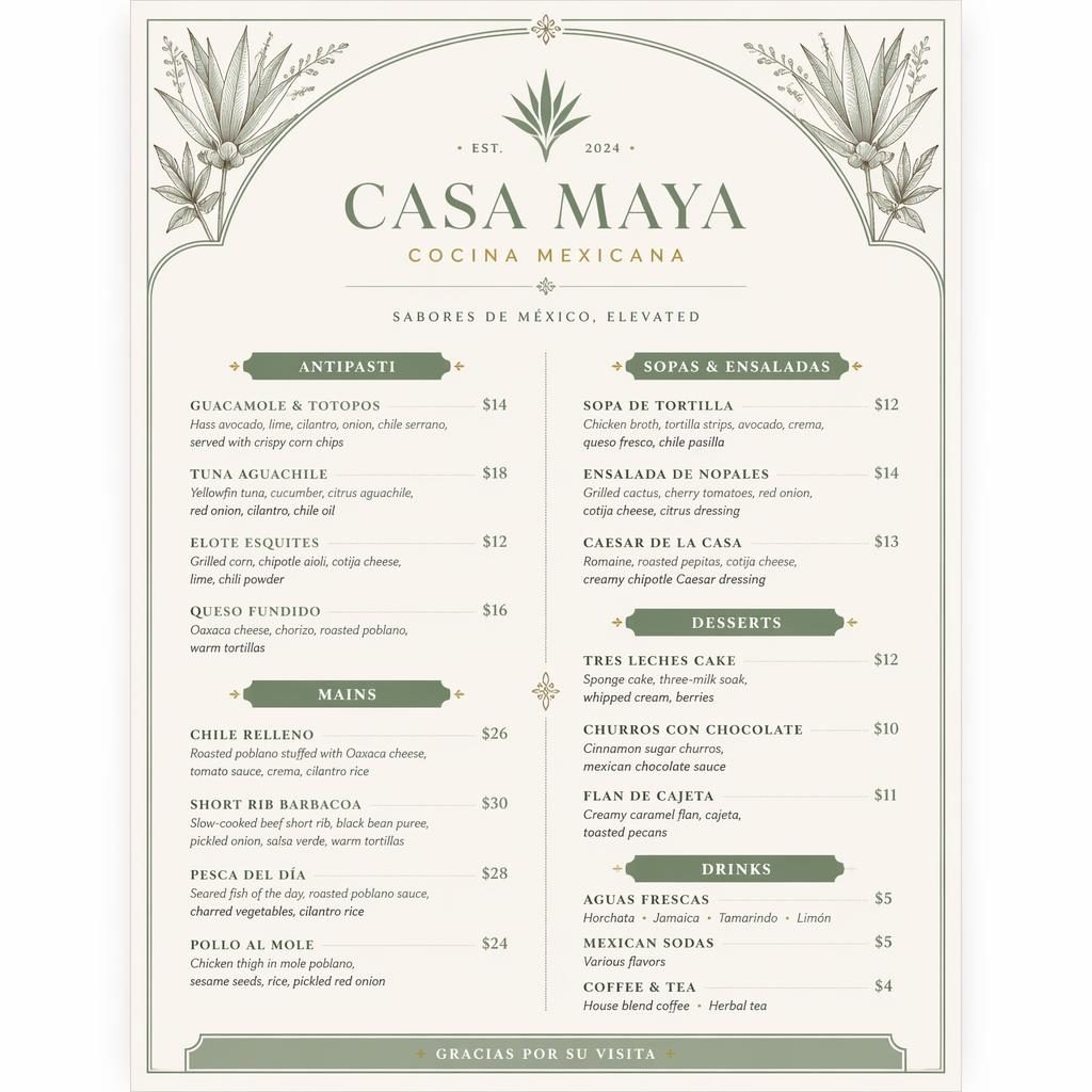 A4 portrait luxury Mexican dinner menu card in sage and ivory with decorative header, section headings, dish placeholders, and prices.
