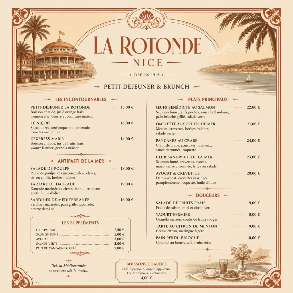Carte de menu brunch fruits de mer style années 1920, format A4 portrait, tons crème chaud et rouille, en-tête décoratif.