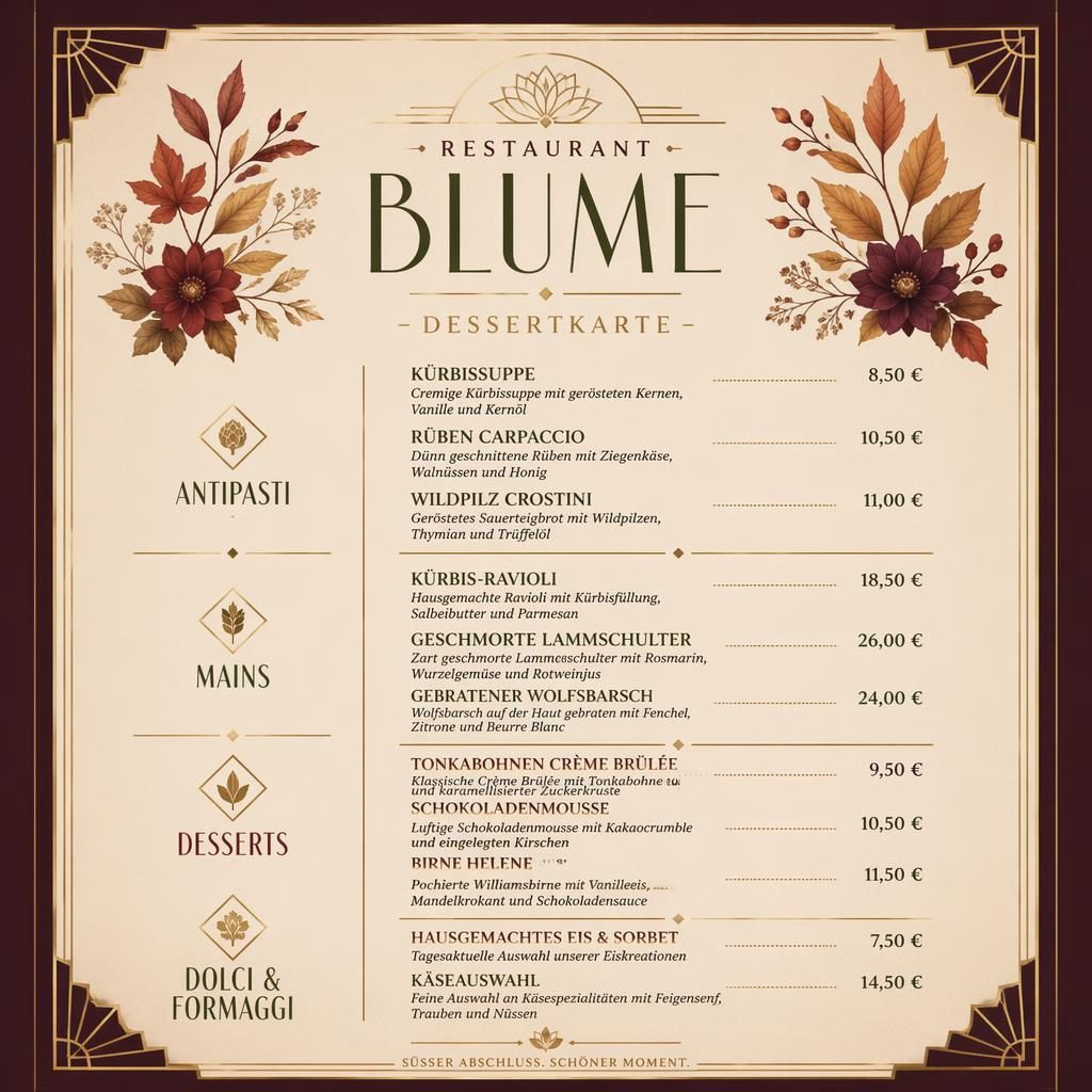 A4-Dessertkarte für restaurant blume im Art-Déco-Stil, herbstliche Farbpalette, dekorativer Kopf, Platzhaltertext und Preise